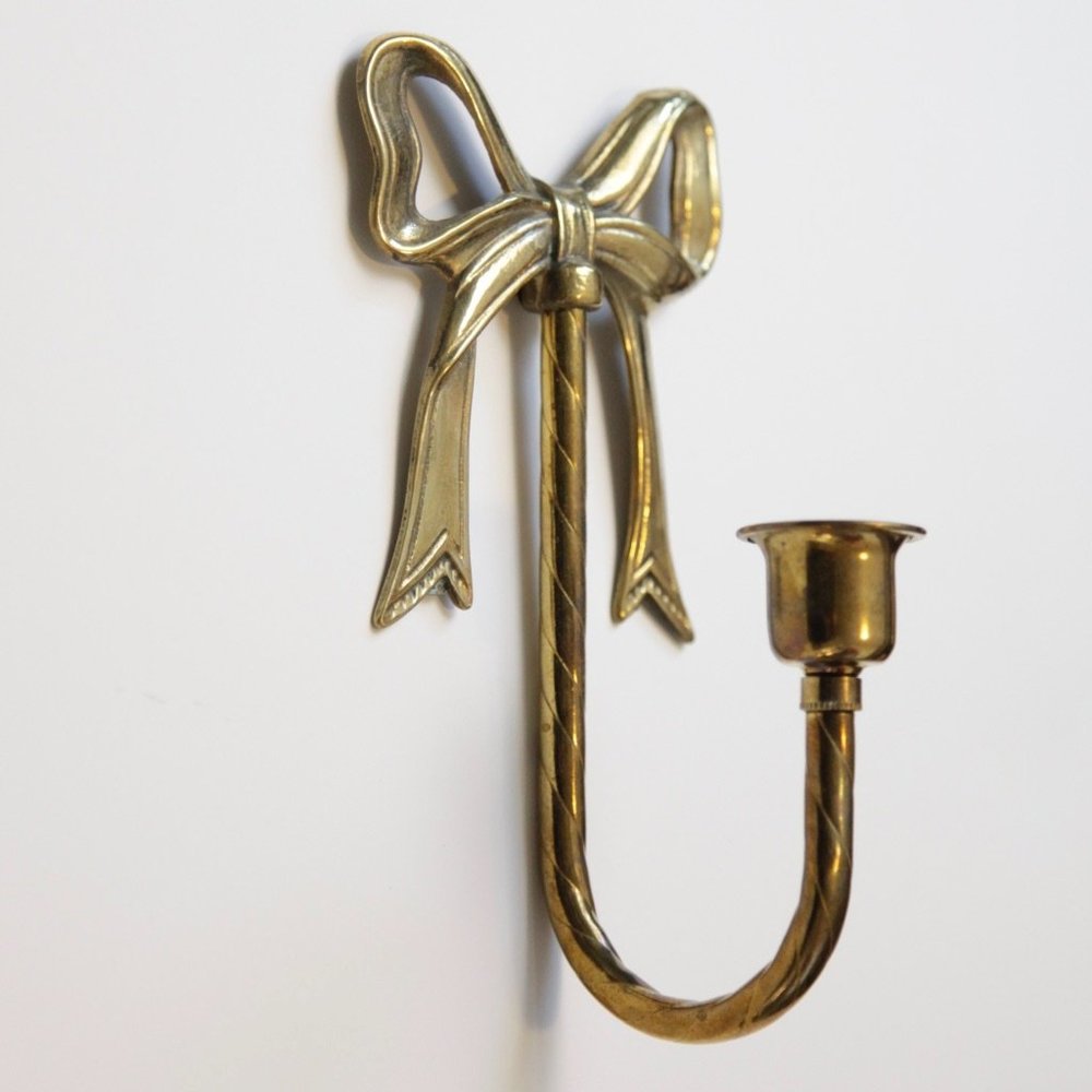 Vintage Brass Bow Wall Sconce Candlestick Holder, Ornate Home Decor